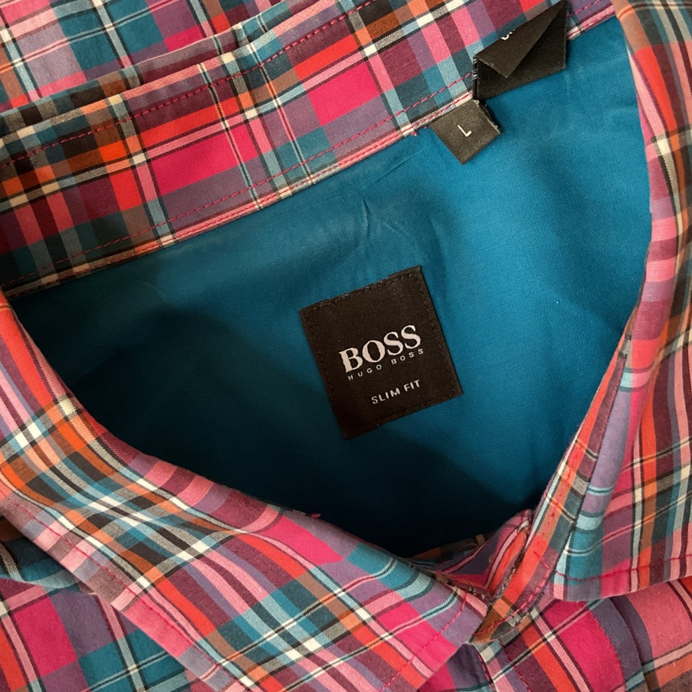 Boss Vibrant Plaid Shirt with Blue Accents, Large